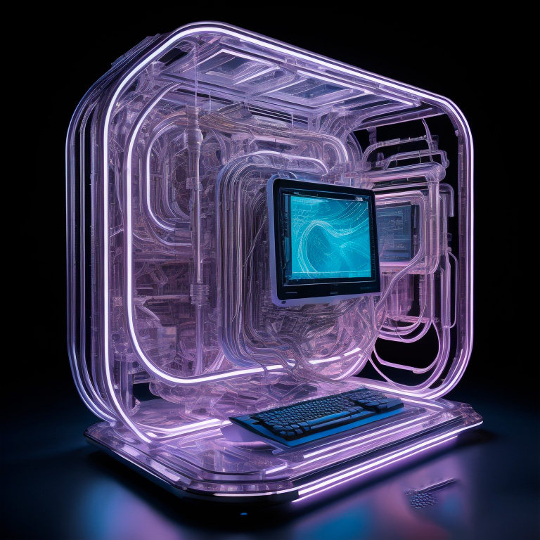 Estructura de computadora futurista con tubos transparentes y luces neón.